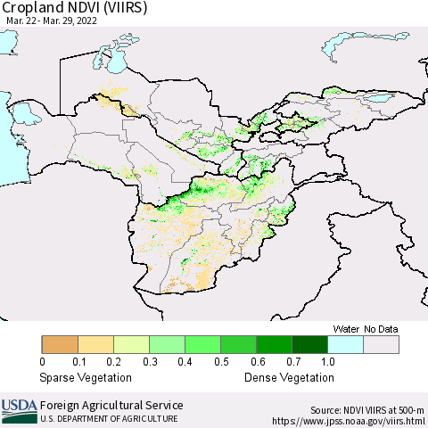 Central Asia Cropland NDVI (VIIRS) Thematic Map For 3/21/2022 - 3/31/2022