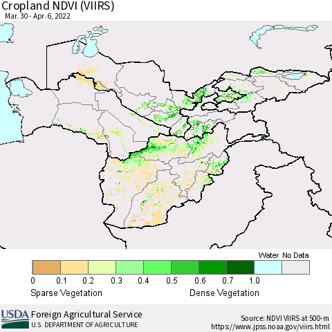 Central Asia Cropland NDVI (VIIRS) Thematic Map For 4/1/2022 - 4/10/2022