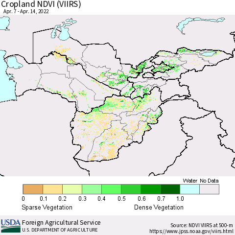 Central Asia Cropland NDVI (VIIRS) Thematic Map For 4/11/2022 - 4/20/2022