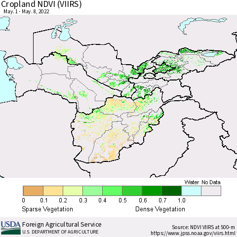 Central Asia Cropland NDVI (VIIRS) Thematic Map For 5/1/2022 - 5/10/2022
