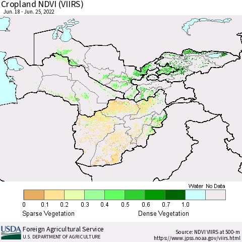 Central Asia Cropland NDVI (VIIRS) Thematic Map For 6/21/2022 - 6/30/2022
