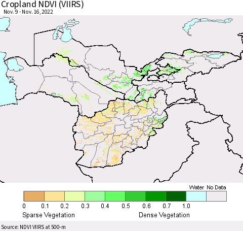 Central Asia Cropland NDVI (VIIRS) Thematic Map For 11/9/2022 - 11/16/2022