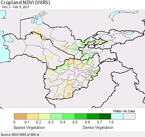 Central Asia Cropland NDVI (VIIRS) Thematic Map For 2/2/2023 - 2/9/2023