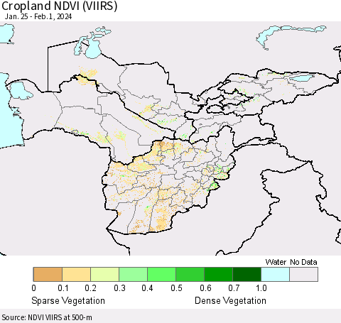 Central Asia Cropland NDVI (VIIRS) Thematic Map For 1/25/2024 - 2/1/2024