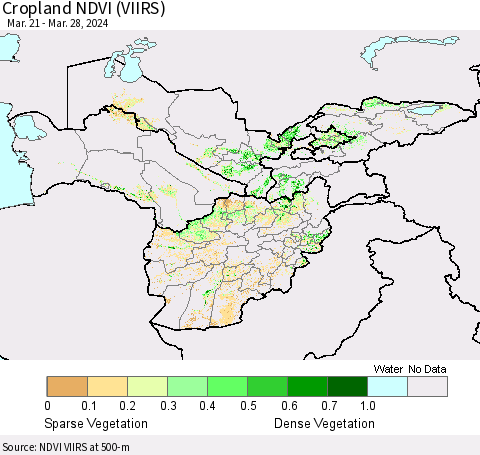 Central Asia Cropland NDVI (VIIRS) Thematic Map For 3/21/2024 - 3/28/2024