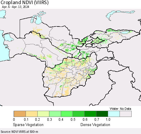 Central Asia Cropland NDVI (VIIRS) Thematic Map For 4/6/2024 - 4/13/2024