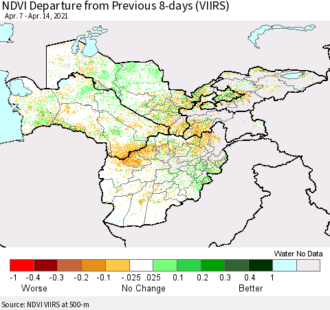 Central Asia NDVI Departure from Previous 8-days (VIIRS) Thematic Map For 4/7/2021 - 4/14/2021