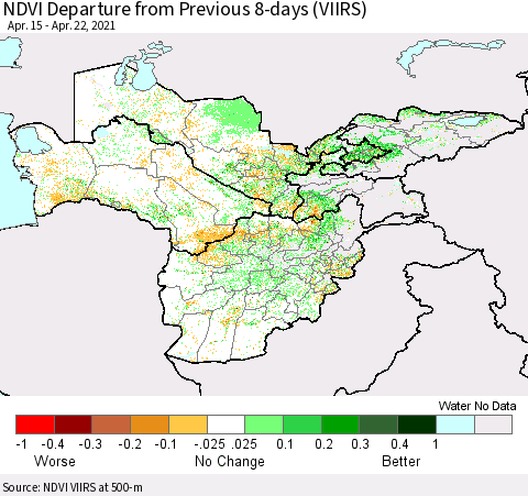 Central Asia NDVI Departure from Previous 8-days (VIIRS) Thematic Map For 4/15/2021 - 4/22/2021