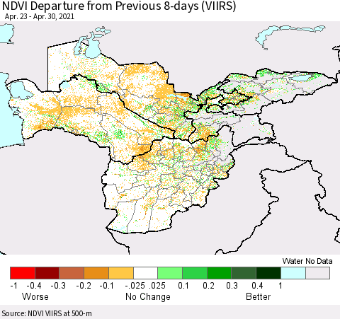 Central Asia NDVI Departure from Previous 8-days (VIIRS) Thematic Map For 4/23/2021 - 4/30/2021