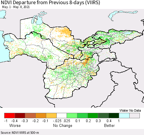 Central Asia NDVI Departure from Previous 8-days (VIIRS) Thematic Map For 5/1/2021 - 5/8/2021