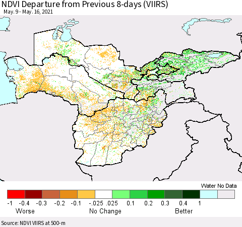 Central Asia NDVI Departure from Previous 8-days (VIIRS) Thematic Map For 5/9/2021 - 5/16/2021