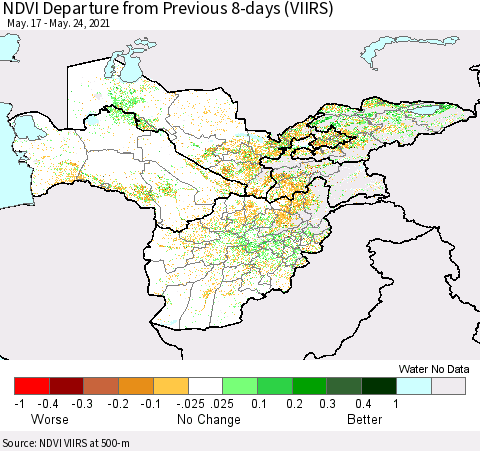 Central Asia NDVI Departure from Previous 8-days (VIIRS) Thematic Map For 5/17/2021 - 5/24/2021