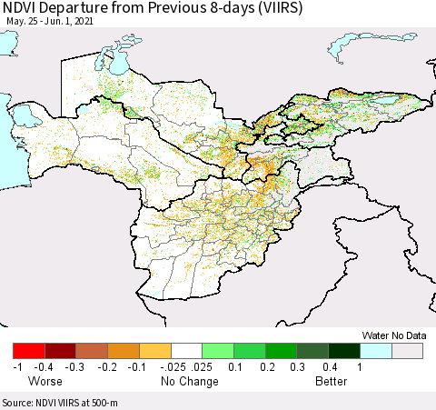 Central Asia NDVI Departure from Previous 8-days (VIIRS) Thematic Map For 5/25/2021 - 6/1/2021