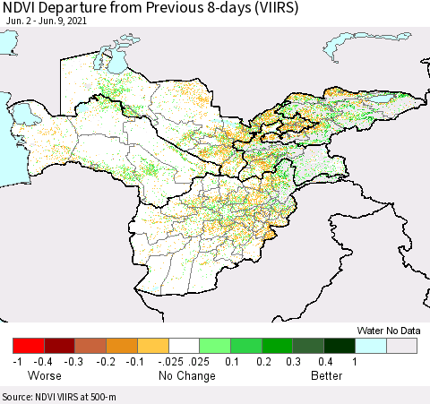 Central Asia NDVI Departure from Previous 8-days (VIIRS) Thematic Map For 6/2/2021 - 6/9/2021
