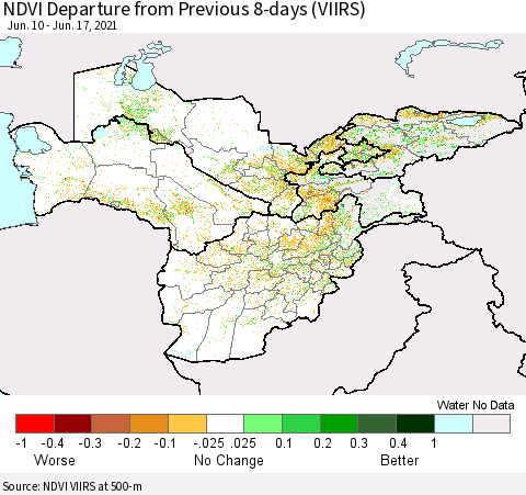 Central Asia NDVI Departure from Previous 8-days (VIIRS) Thematic Map For 6/10/2021 - 6/17/2021