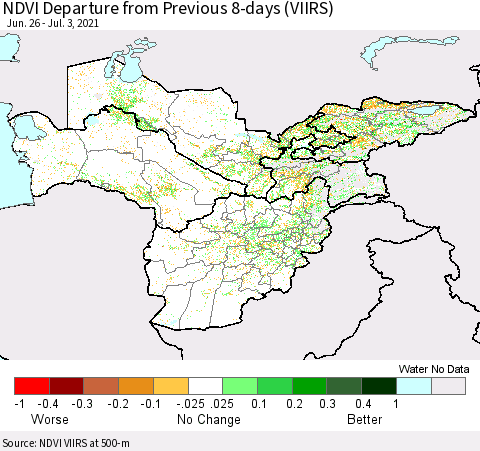 Central Asia NDVI Departure from Previous 8-days (VIIRS) Thematic Map For 6/26/2021 - 7/3/2021