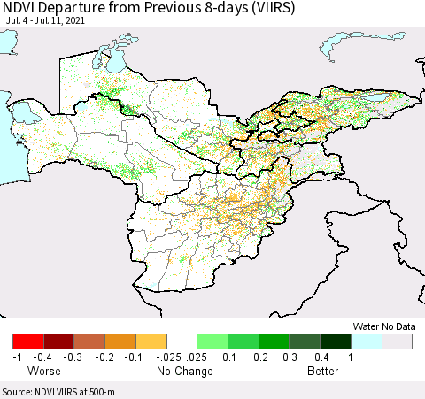 Central Asia NDVI Departure from Previous 8-days (VIIRS) Thematic Map For 7/4/2021 - 7/11/2021
