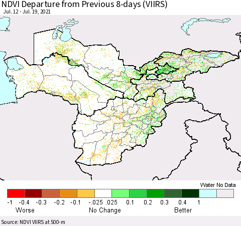 Central Asia NDVI Departure from Previous 8-days (VIIRS) Thematic Map For 7/12/2021 - 7/19/2021