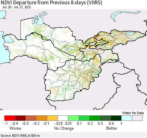 Central Asia NDVI Departure from Previous 8-days (VIIRS) Thematic Map For 7/20/2021 - 7/27/2021