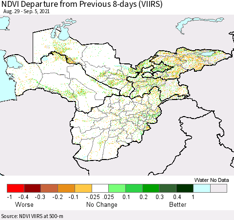 Central Asia NDVI Departure from Previous 8-days (VIIRS) Thematic Map For 8/29/2021 - 9/5/2021