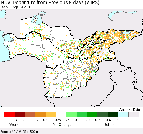 Central Asia NDVI Departure from Previous 8-days (VIIRS) Thematic Map For 9/6/2021 - 9/13/2021