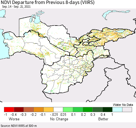 Central Asia NDVI Departure from Previous 8-days (VIIRS) Thematic Map For 9/14/2021 - 9/21/2021