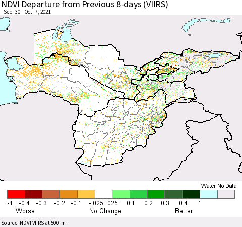 Central Asia NDVI Departure from Previous 8-days (VIIRS) Thematic Map For 9/30/2021 - 10/7/2021