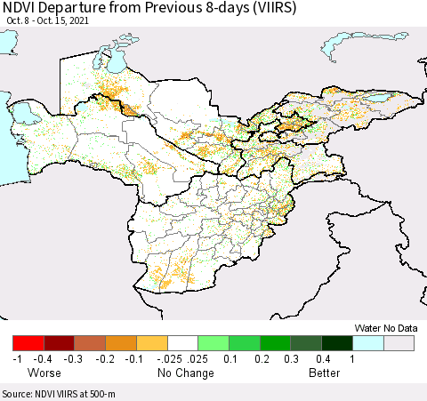 Central Asia NDVI Departure from Previous 8-days (VIIRS) Thematic Map For 10/8/2021 - 10/15/2021