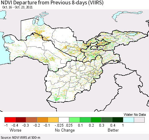 Central Asia NDVI Departure from Previous 8-days (VIIRS) Thematic Map For 10/16/2021 - 10/23/2021