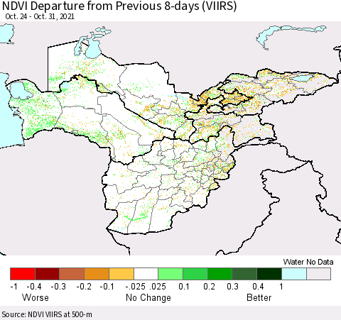 Central Asia NDVI Departure from Previous 8-days (VIIRS) Thematic Map For 10/24/2021 - 10/31/2021
