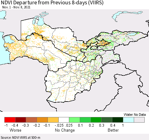 Central Asia NDVI Departure from Previous 8-days (VIIRS) Thematic Map For 11/1/2021 - 11/8/2021