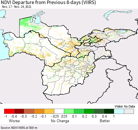 Central Asia NDVI Departure from Previous 8-days (VIIRS) Thematic Map For 11/17/2021 - 11/24/2021