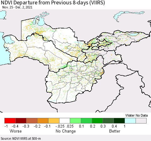 Central Asia NDVI Departure from Previous 8-days (VIIRS) Thematic Map For 11/25/2021 - 12/2/2021