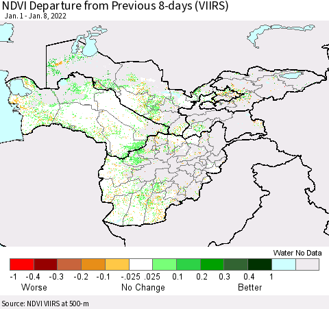 Central Asia NDVI Departure from Previous 8-days (VIIRS) Thematic Map For 1/1/2022 - 1/8/2022