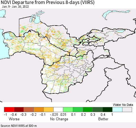 Central Asia NDVI Departure from Previous 8-days (VIIRS) Thematic Map For 1/9/2022 - 1/16/2022