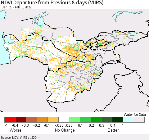 Central Asia NDVI Departure from Previous 8-days (VIIRS) Thematic Map For 1/25/2022 - 2/1/2022