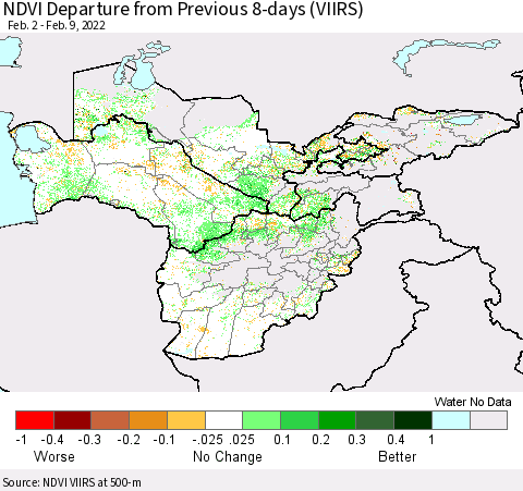 Central Asia NDVI Departure from Previous 8-days (VIIRS) Thematic Map For 2/2/2022 - 2/9/2022