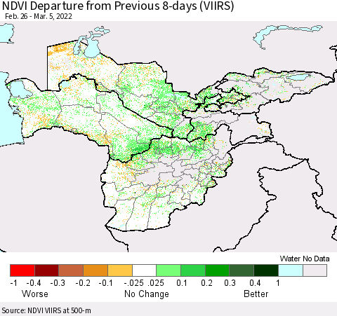 Central Asia NDVI Departure from Previous 8-days (VIIRS) Thematic Map For 2/26/2022 - 3/5/2022