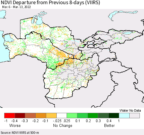 Central Asia NDVI Departure from Previous 8-days (VIIRS) Thematic Map For 3/6/2022 - 3/13/2022