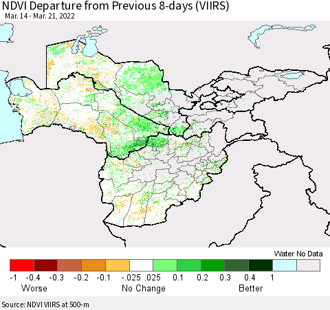 Central Asia NDVI Departure from Previous 8-days (VIIRS) Thematic Map For 3/14/2022 - 3/21/2022