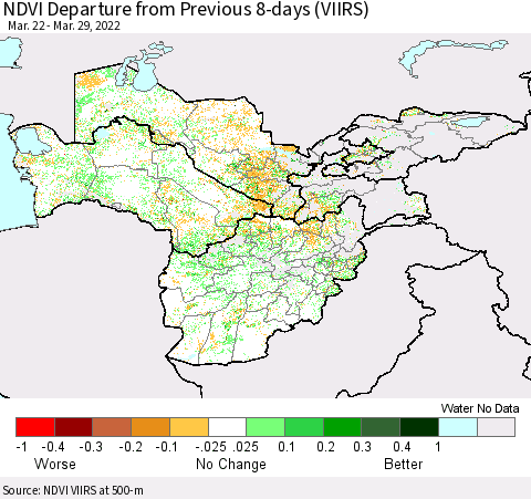 Central Asia NDVI Departure from Previous 8-days (VIIRS) Thematic Map For 3/22/2022 - 3/29/2022