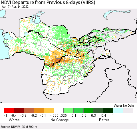 Central Asia NDVI Departure from Previous 8-days (VIIRS) Thematic Map For 4/7/2022 - 4/14/2022