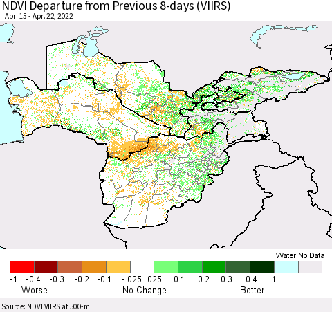Central Asia NDVI Departure from Previous 8-days (VIIRS) Thematic Map For 4/15/2022 - 4/22/2022