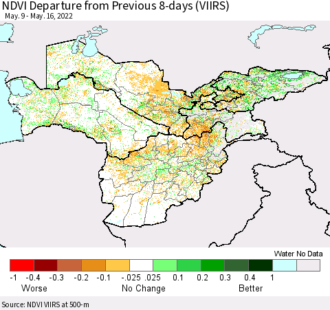 Central Asia NDVI Departure from Previous 8-days (VIIRS) Thematic Map For 5/9/2022 - 5/16/2022