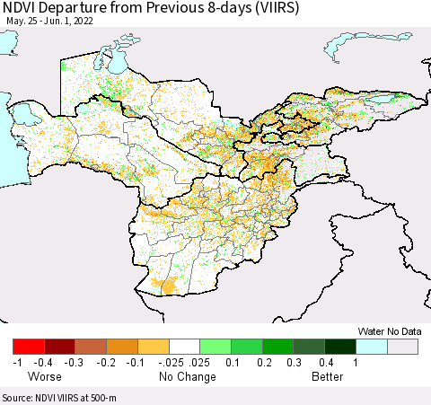 Central Asia NDVI Departure from Previous 8-days (VIIRS) Thematic Map For 5/25/2022 - 6/1/2022
