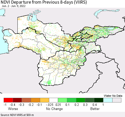 Central Asia NDVI Departure from Previous 8-days (VIIRS) Thematic Map For 6/2/2022 - 6/9/2022