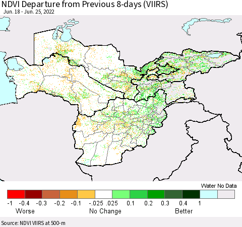 Central Asia NDVI Departure from Previous 8-days (VIIRS) Thematic Map For 6/18/2022 - 6/25/2022