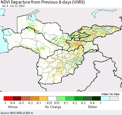 Central Asia NDVI Departure from Previous 8-days (VIIRS) Thematic Map For 7/4/2022 - 7/11/2022