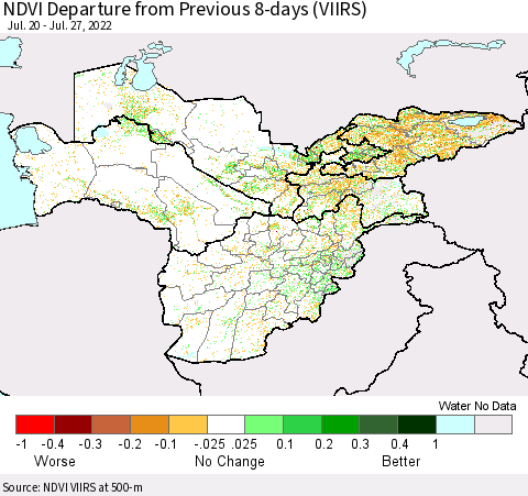 Central Asia NDVI Departure from Previous 8-days (VIIRS) Thematic Map For 7/20/2022 - 7/27/2022