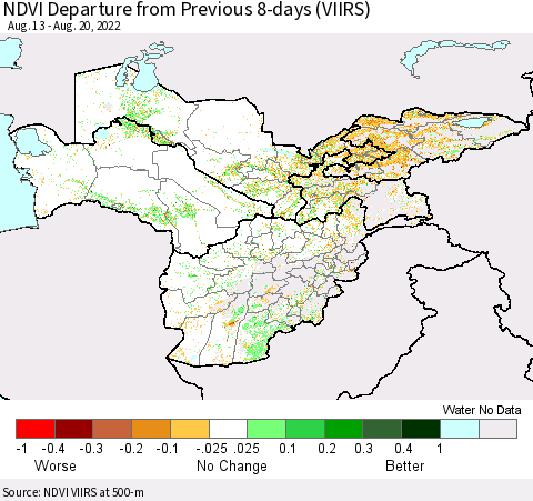 Central Asia NDVI Departure from Previous 8-days (VIIRS) Thematic Map For 8/13/2022 - 8/20/2022